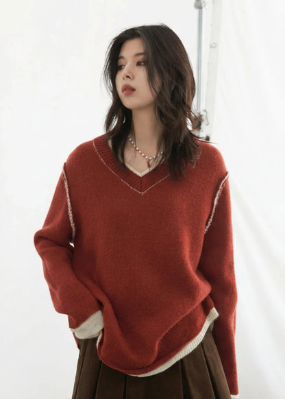 CHIC VEN Women Sweaters Long Sleeves Loose Pullovers Korean Color Block V-neck Patchwork Female Knitted Top Autumn Winter 2024 Loran