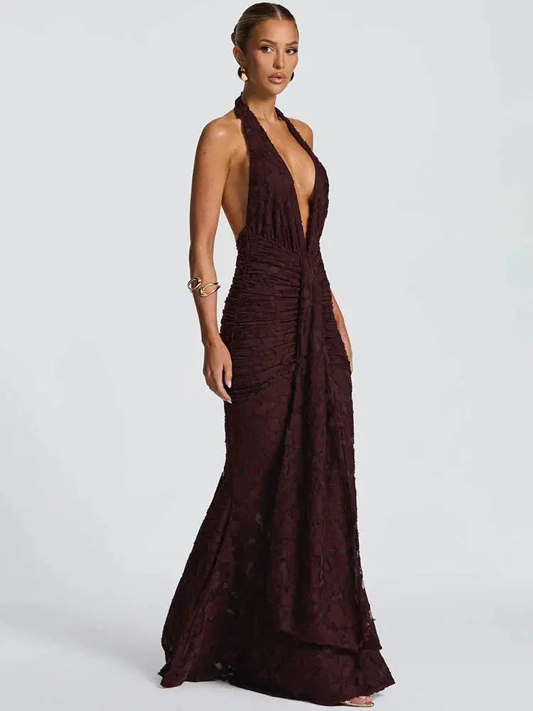 Women's  Deep V-Neck Backless Ruched Club Gown - Loran