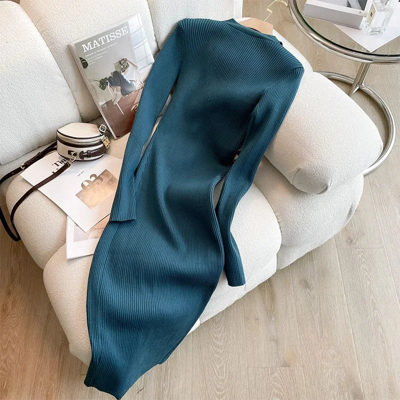 Slim-Fit V-Neck Sweater Dress