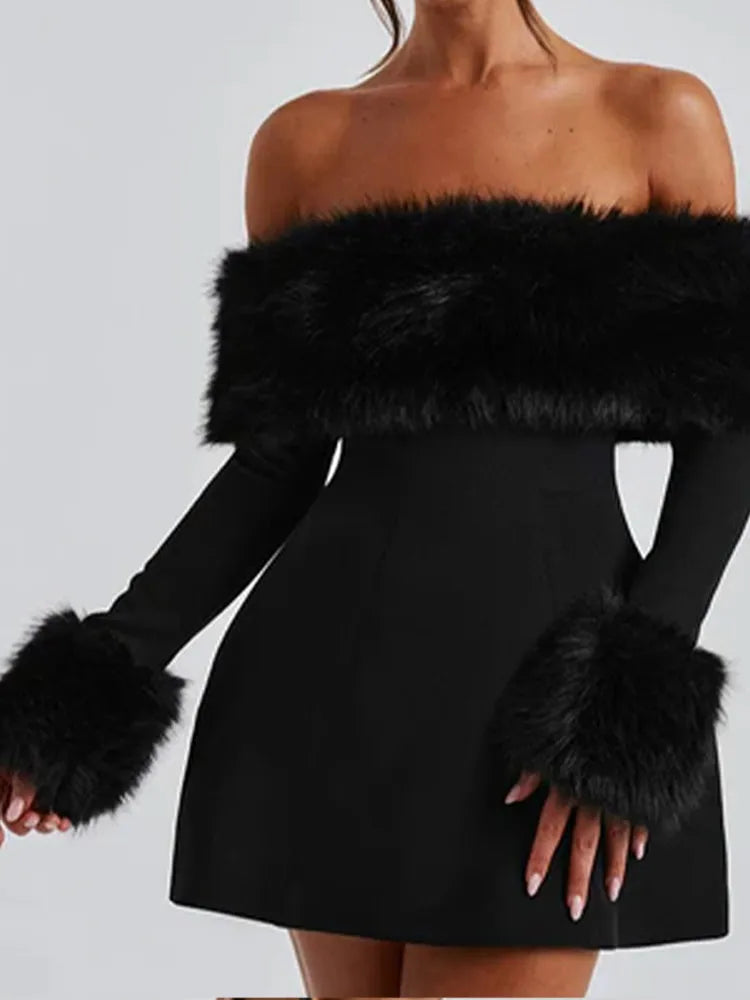 Elegant Fluffy Fur Collar Mini Dress for Ladies' Nights Out