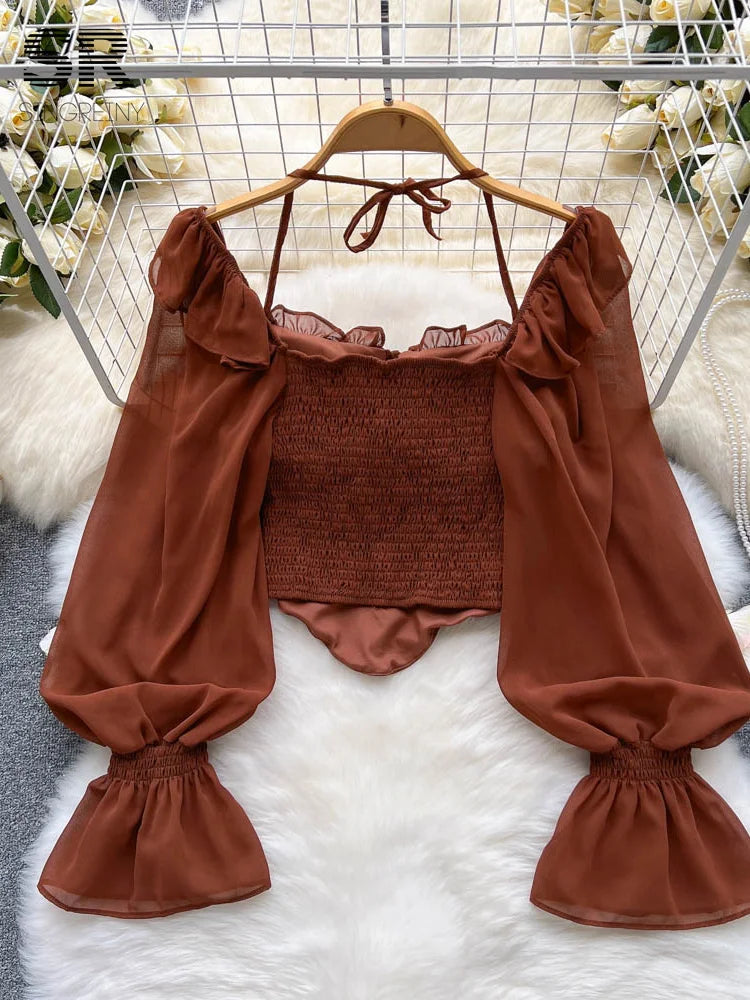 Halter Backless Blouse with Ruffle Flare Sleeves