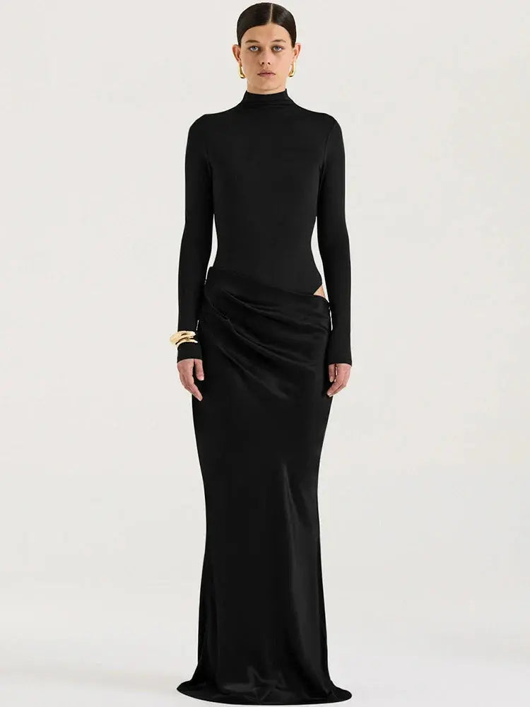 Elegant Patchwork Satin Evening Dress with Turtleneck & Zipper - Loran