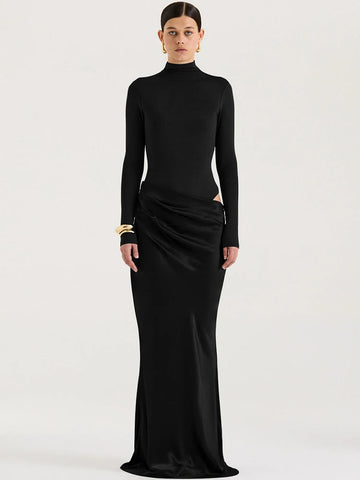 Elegant Patchwork Satin Evening Dress with Turtleneck & Zipper