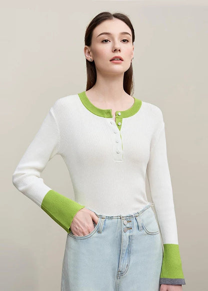Amii Women's Sweater 2026 Spring New Commuter Round Neck Contrasting Color Knitted Sweater Button Half-placket Slim Top 12621047 Loran