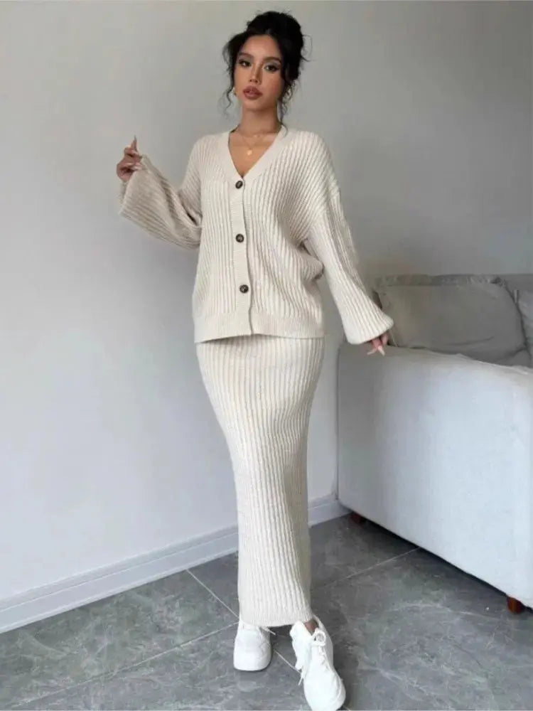 Knitted Cardigan Sweater & Skirt Two-Piece Suit - Loran