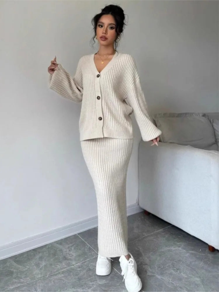 Knitted Cardigan Sweater & Skirt Two-Piece Suit