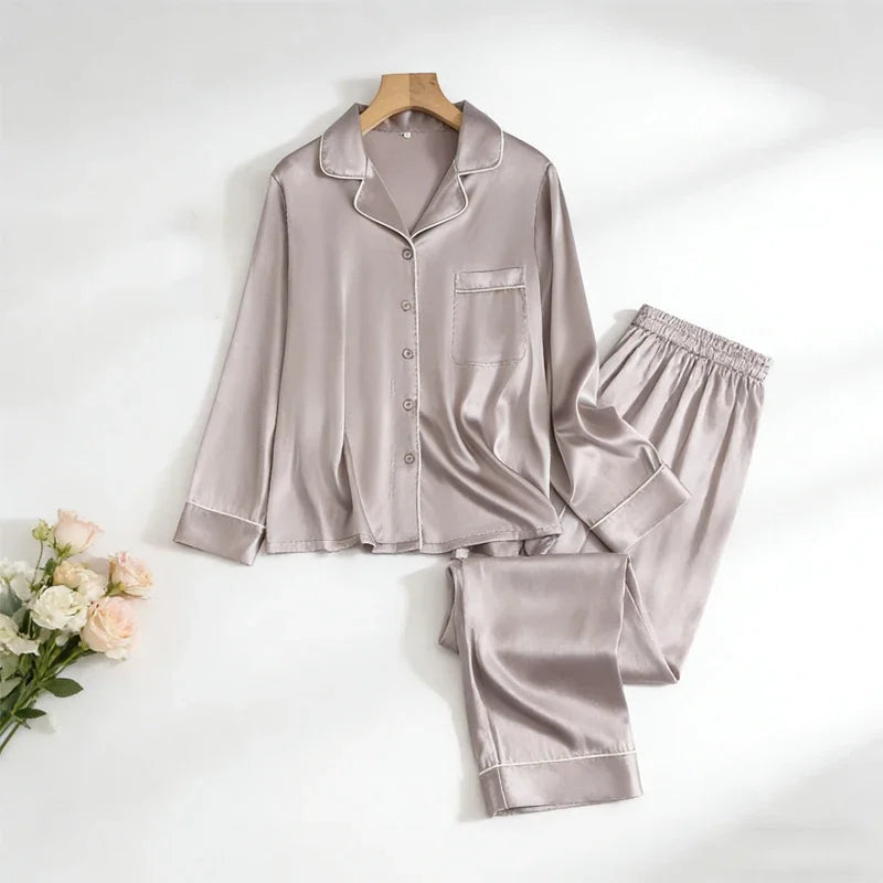 Mulberry Silk Pajama Set Plain Satin Long Pants Loran