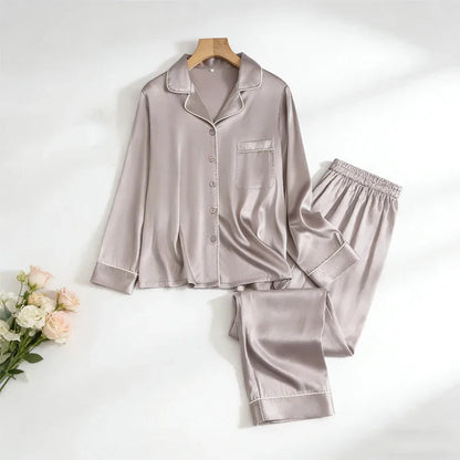 Mulberry Silk Pajama Set Plain Satin Long Pants Loran