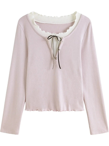 Sweet Ruffled Faux Two-Piece Knit Top (Plus Size) LORAN STORE