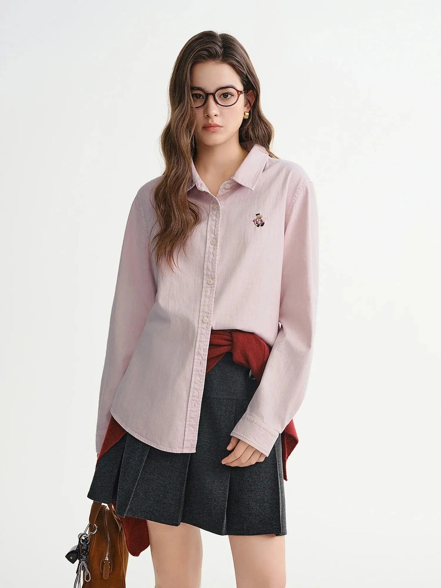 American Retro Bear-Embroidered Denim Shirt (Plus Size) - Loran