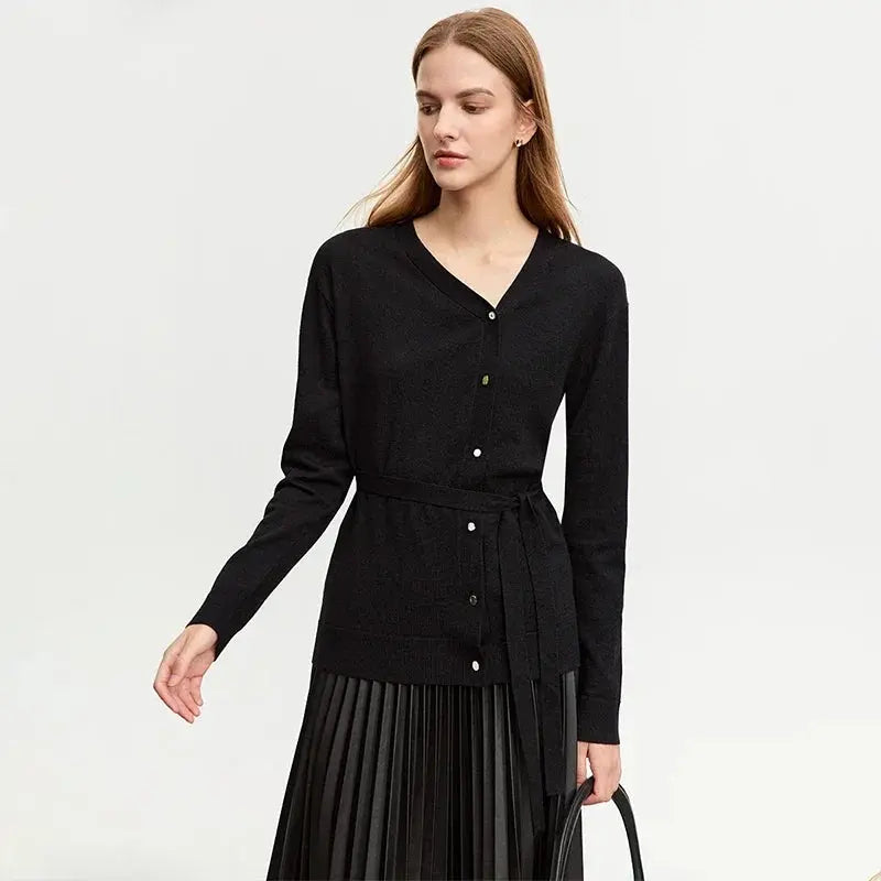 Women's V-Neck Knit Cardigan Sweater with Belt - Loran