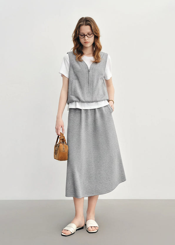 Gray Mock Two-Piece Skirt Suit Casual Short-Sleeve Set Loran