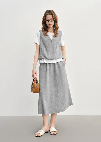 Gray Mock Two-Piece Skirt Suit Casual Short-Sleeve Set Loran