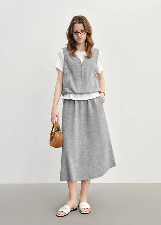 Gray Mock Two-Piece Skirt Suit Casual Short-Sleeve Set Loran