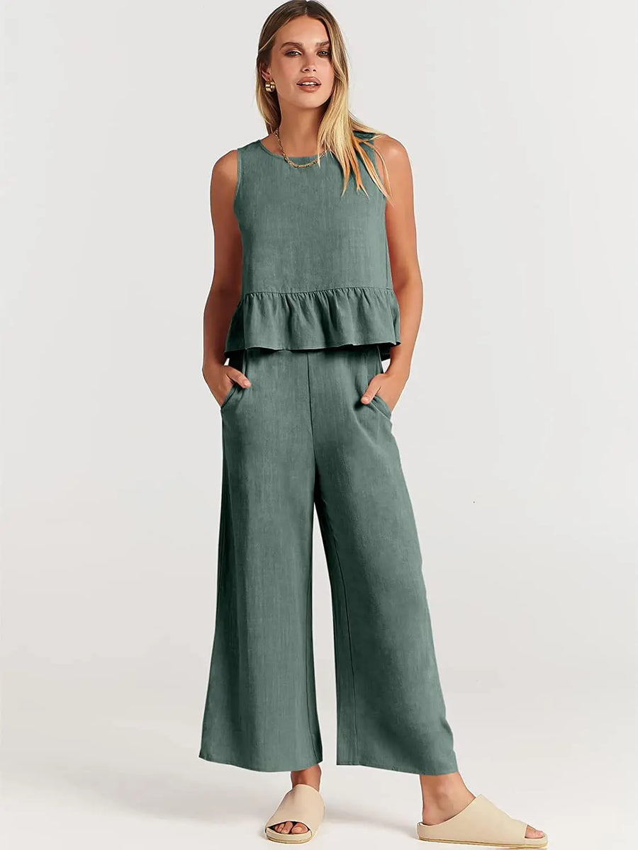 Summer Pleated Wide-Leg Pant Set