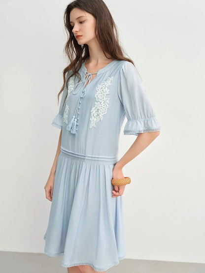 Bohemian Embroidered Midi Dress with Tassel Straps - Loran