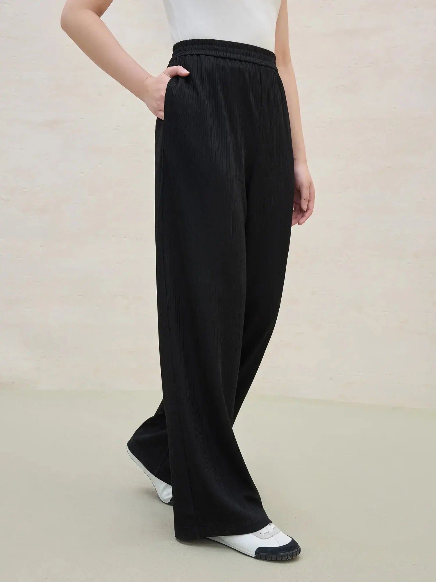 Chic Minimalist Black Stretch Wide-Leg Summer Trousers - Loran
