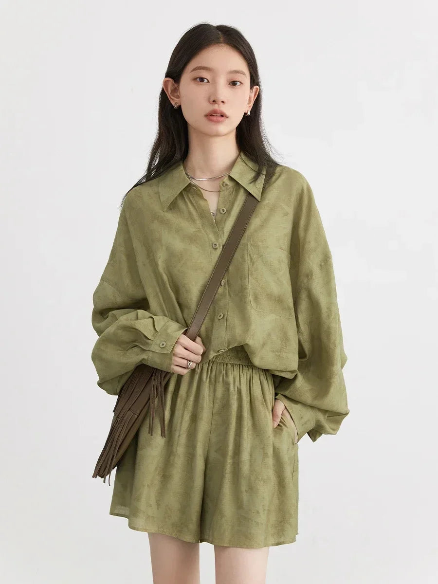 Relaxed Lapel Shirt & Shorts Set: Perfect Autumn Print