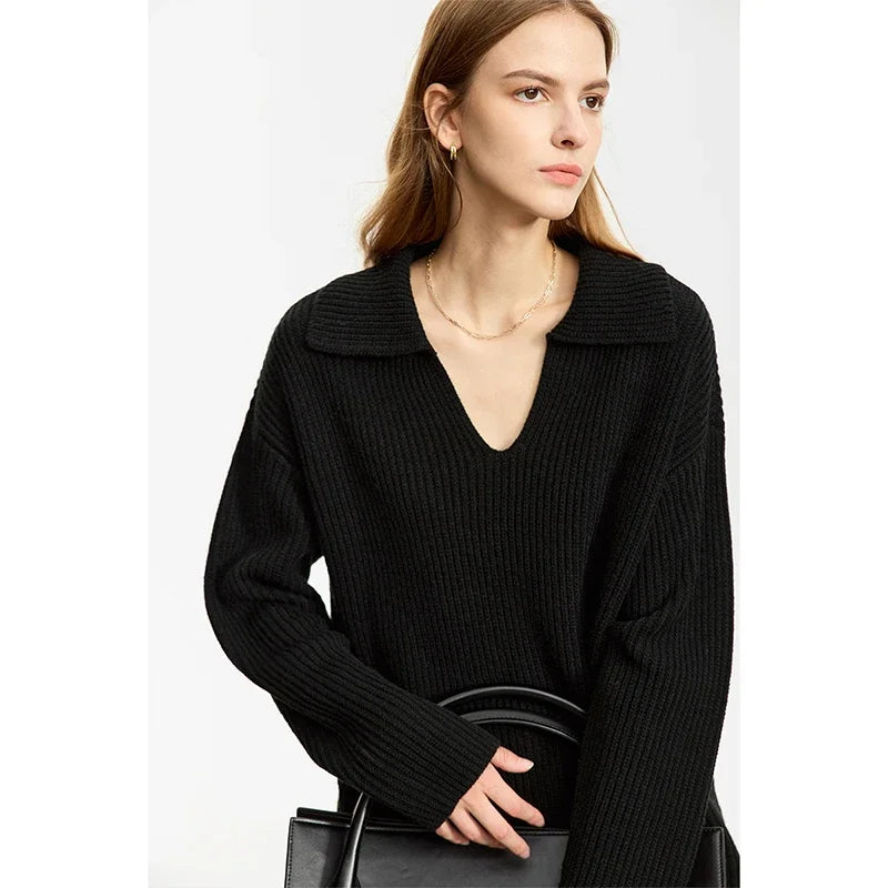 AMII Minimalist French Lazy Style Sweaters for Women 2025 Winter New Loose Casual Turn-down V-neck Long Sleeve Blouses 12344142 Loran