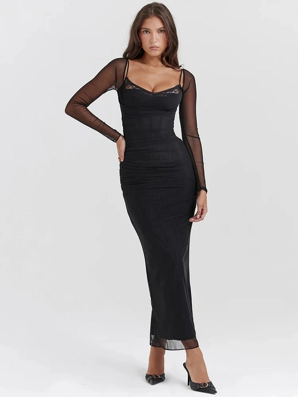 Elegant Sheer Long Sleeve Sexy Maxi Dress For Women - 3IN SMART Shop  #