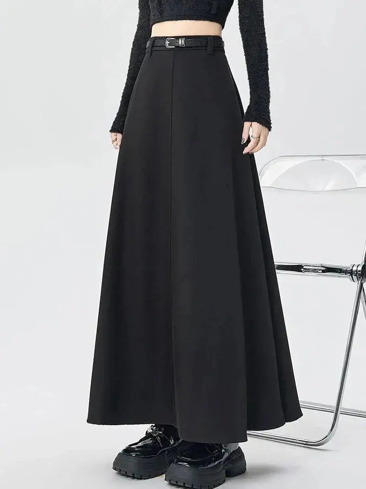 High-Waist A-Line Pleated Midi Skirt with Tie Belt - Loran