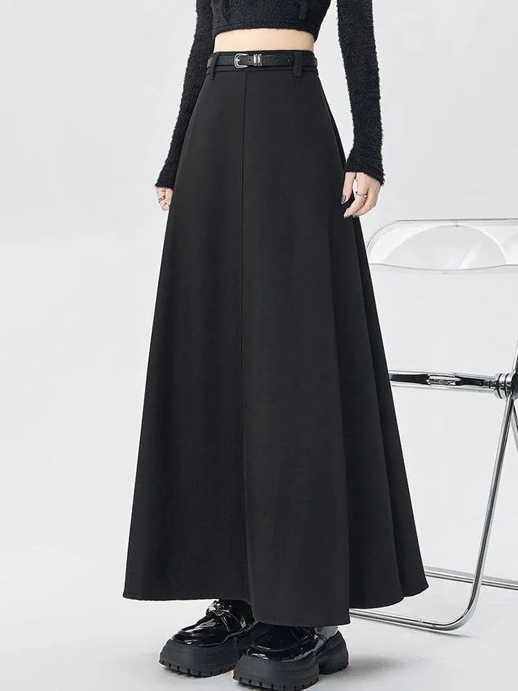 High-Waist A-Line Pleated Midi Skirt with Tie Belt