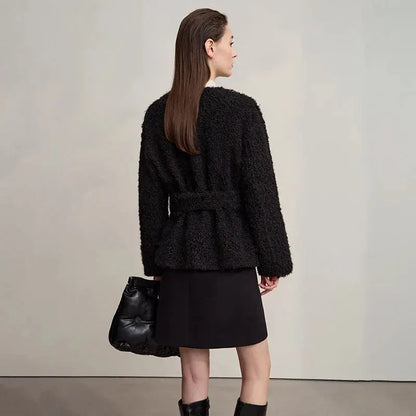 Warm Loose Fit Faux Fur Belted Jacket - Loran