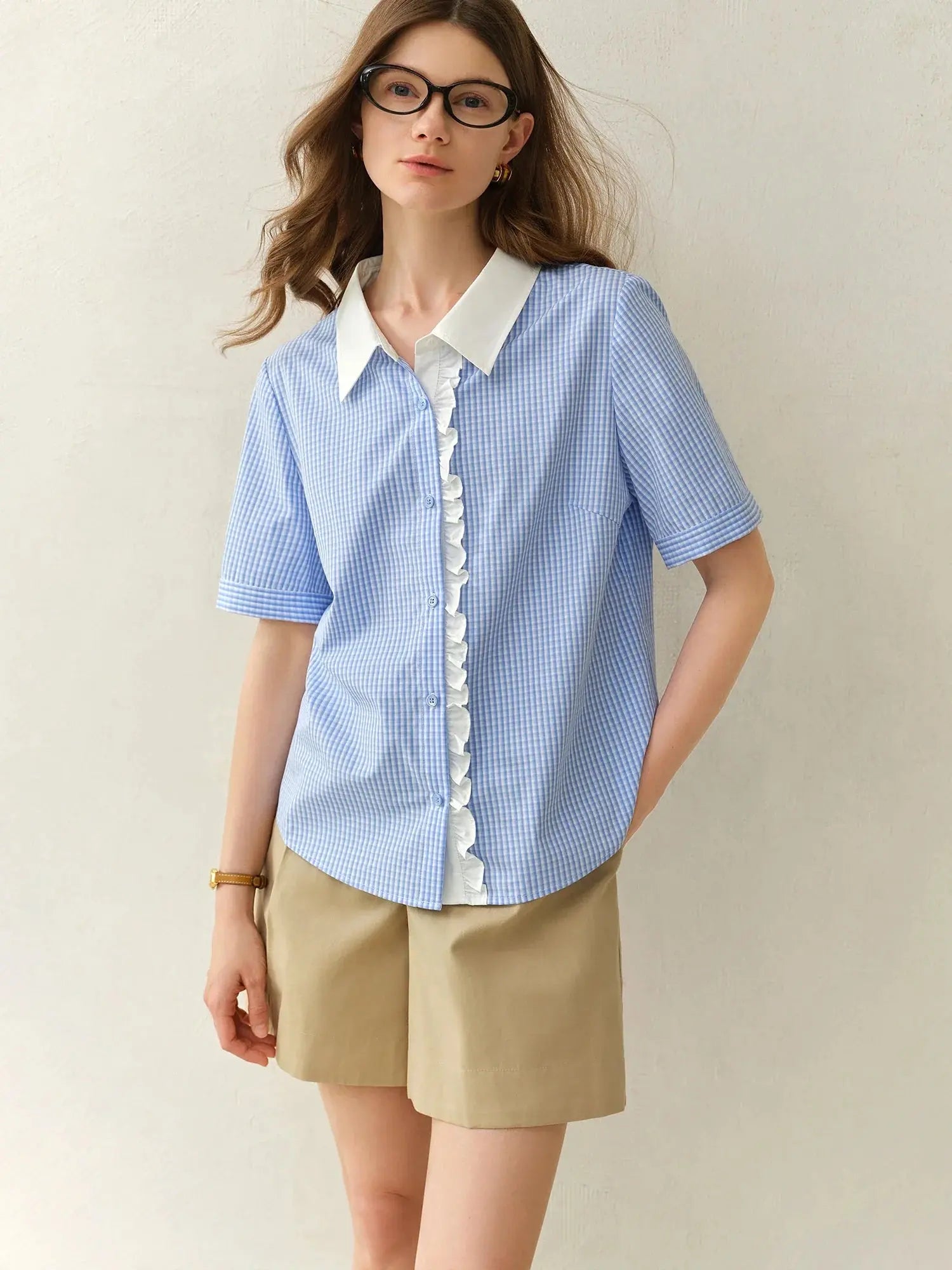 Plus Size Blue Plaid Retro Lace Shirt LORAN STORE