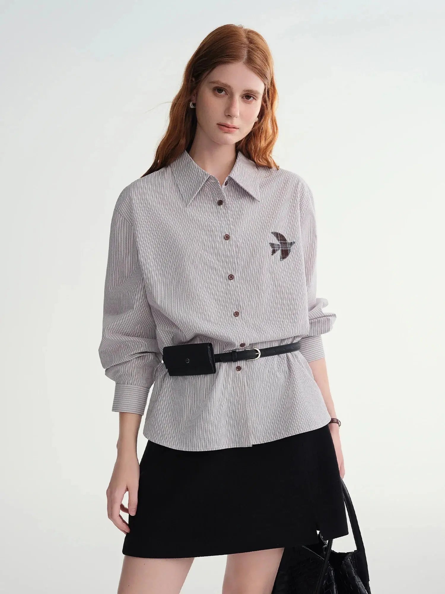 Plus-Size Birds Appliqué Checkered Stripe Shirt - Loran