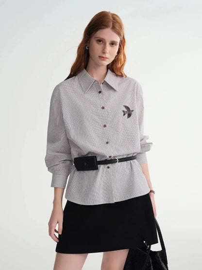 Plus-Size Birds Appliqué Checkered Stripe Shirt - Loran