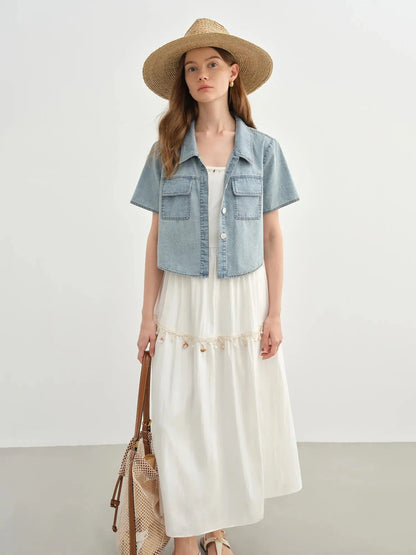 Playful Suspender Dress & Denim Jacket Set for Summer Travel LORAN STORE