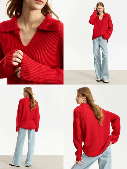 AMII Minimalist French Lazy Style Sweaters for Women 2025 Winter New Loose Casual Turn-down V-neck Long Sleeve Blouses 12344142 Loran
