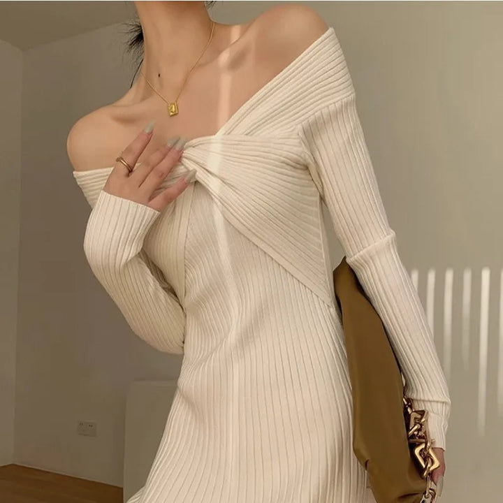 Elegant Off Shoulder Knitted Dress - 3IN SMART Shop  #