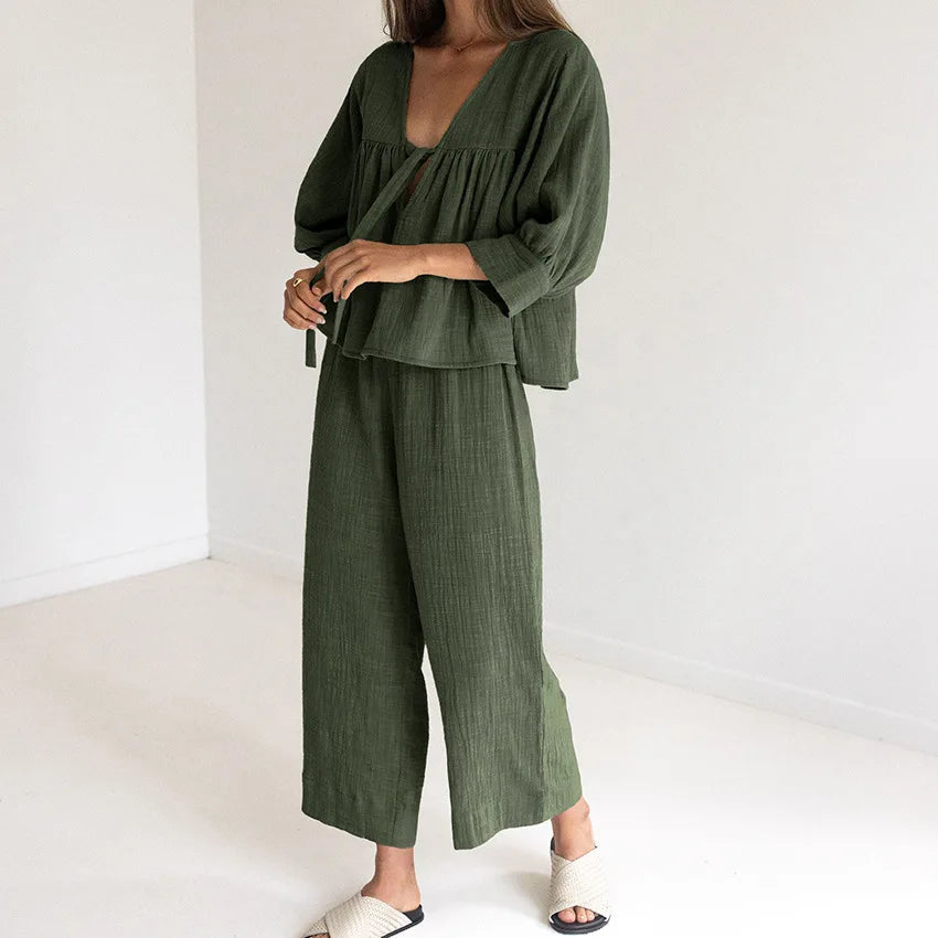 Women's 2-Piece Cotton Pajama Set V-Neck Sleepwear Loran