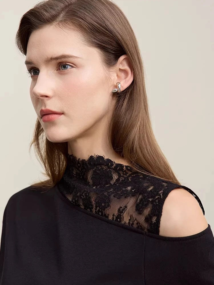 Amii Long Sleeve T-shirt 2026 Spring New Elegant Commuter Cotton Lace T-shirt Loose Off-the-shoulder Casual Women's Top 12641026 Loran