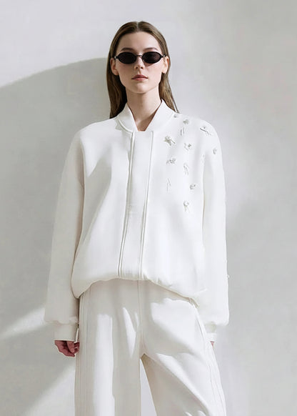Amii Women's Jacket 2026 Spring New Stand Collar Beads Flower Versatile Jacket Women Loose Drop Long Sleeve Zipper Top 12611015 Loran