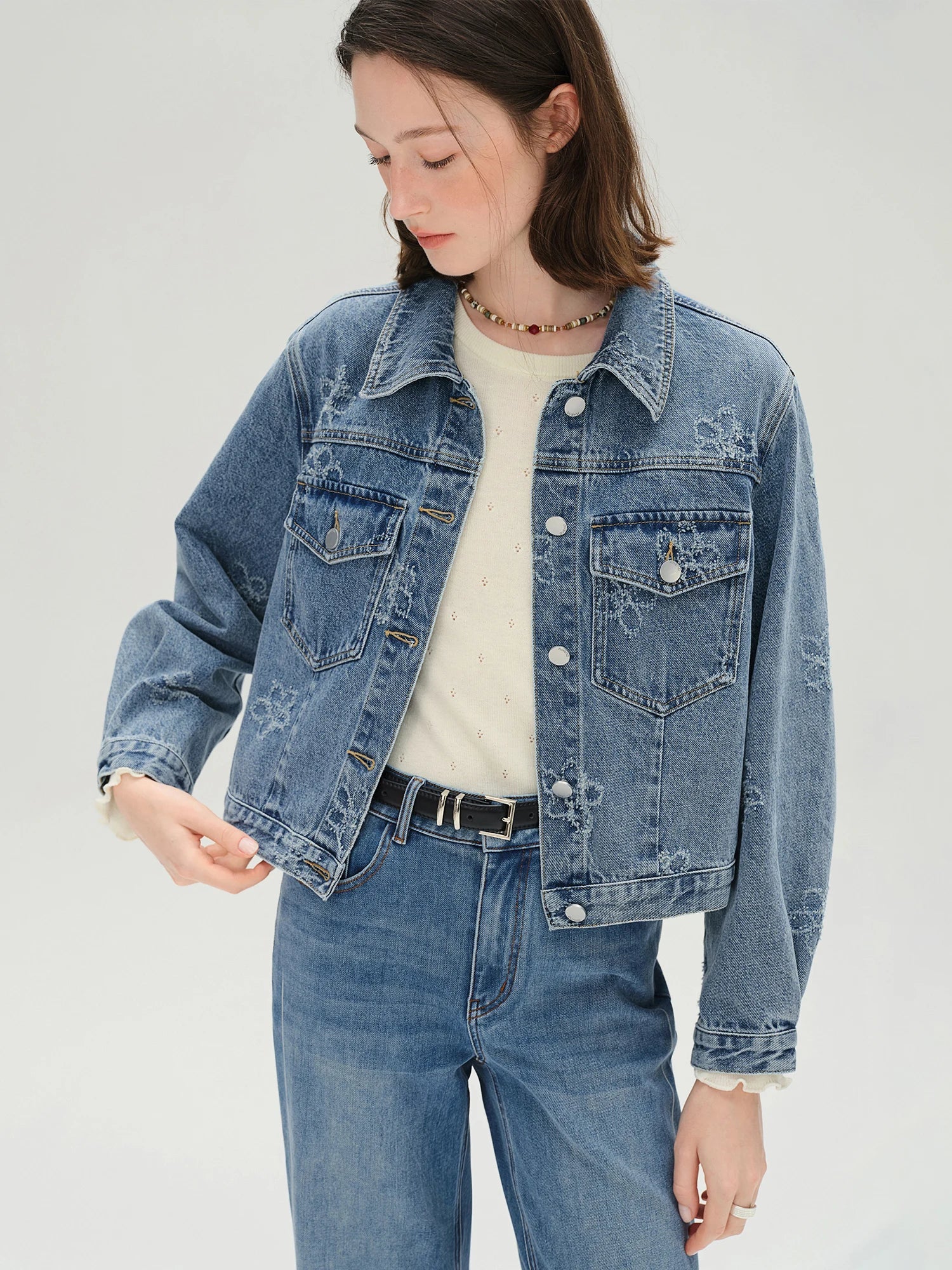 Plus Size Fringed Floral Denim Jacket & Skirt Set Loran