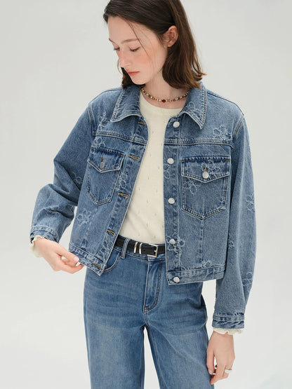 Plus Size Fringed Floral Denim Jacket & Skirt Set Loran