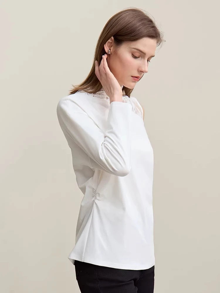 Amii Long Sleeve T-shirt 2026 Spring New Elegant Commuter Cotton Lace T-shirt Loose Off-the-shoulder Casual Women's Top 12641026 Loran