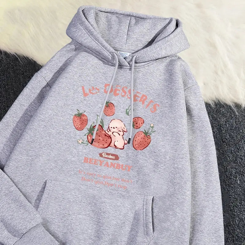 Cute Rabbit Strawberry Print Women's Hoodie - Loran