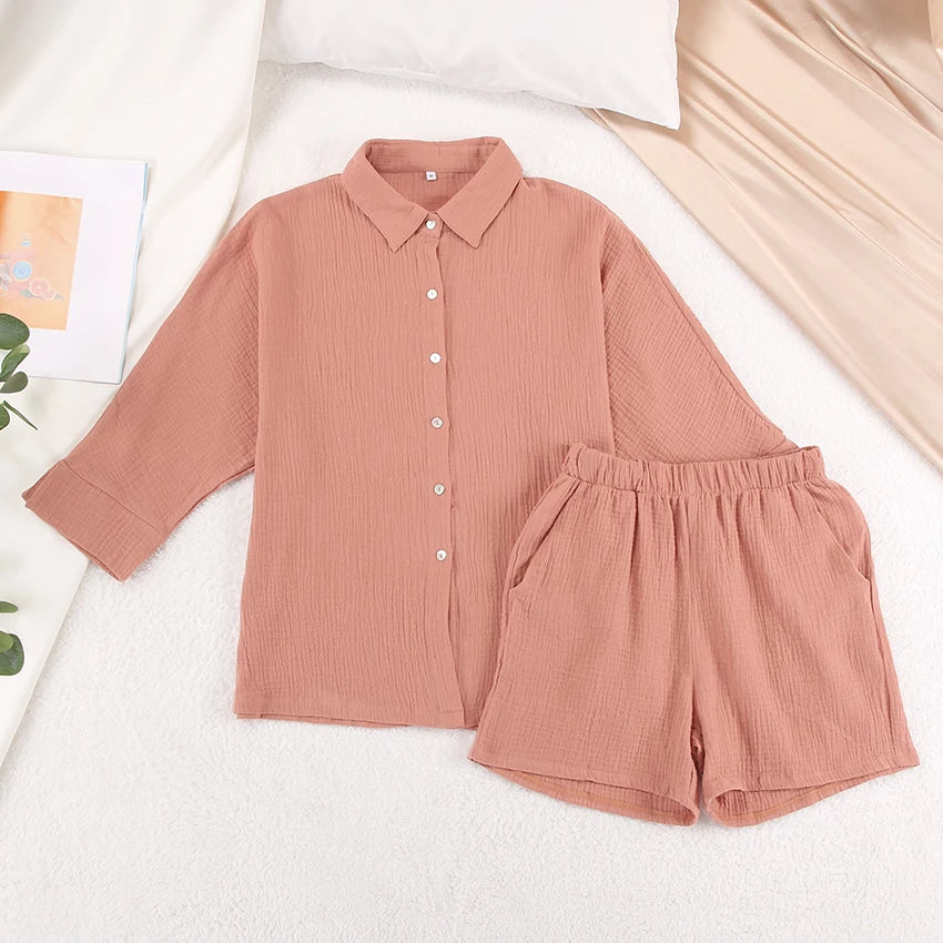 Women's Cotton Pajama Set Casual Collar Sleepwear Suit Loran