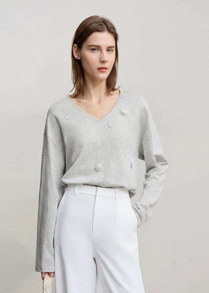 Amii Women's Long Sleeve Top 2026 Spring New V-neck Loose T-shirt Women's Cotton Knitted Tees Pullover Versatile Top 12641011 Loran