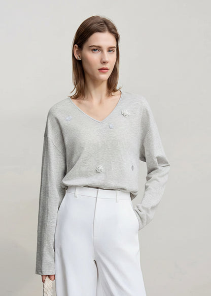 Amii Women's Long Sleeve Top 2026 Spring New V-neck Loose T-shirt Women's Cotton Knitted Tees Pullover Versatile Top 12641011 Loran