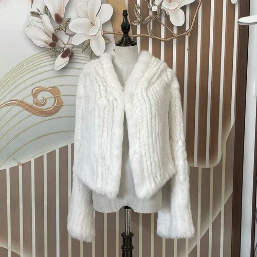 Luxurious Rabbit Fur Knit Hooded Coat