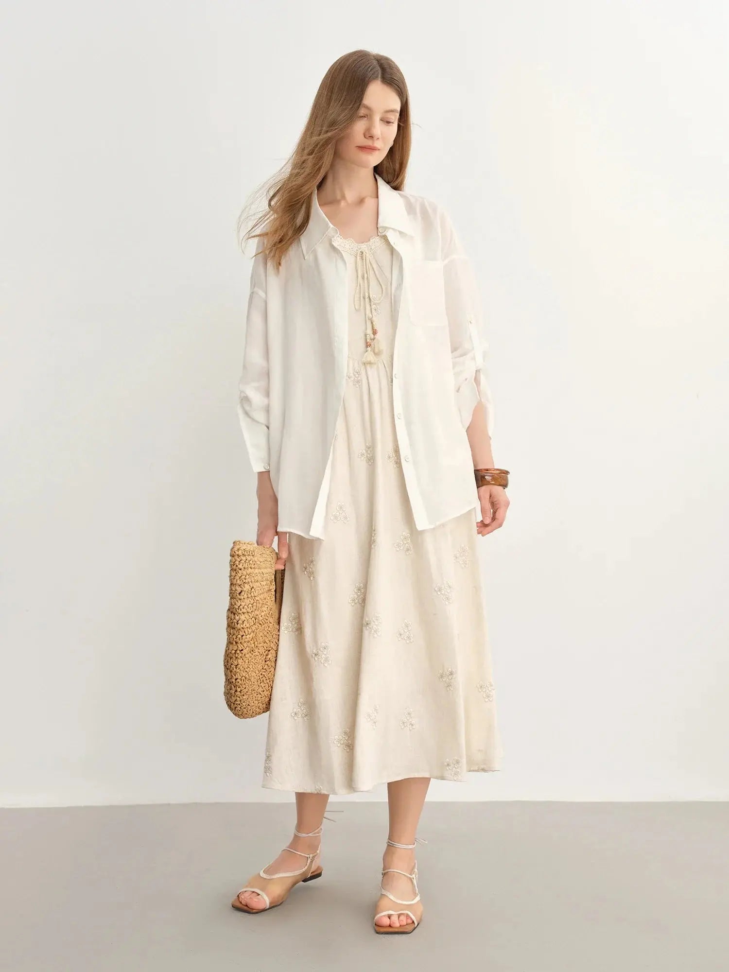 New Fashion Beige Temperament Long Dress with Lace-up Straps - Loran
