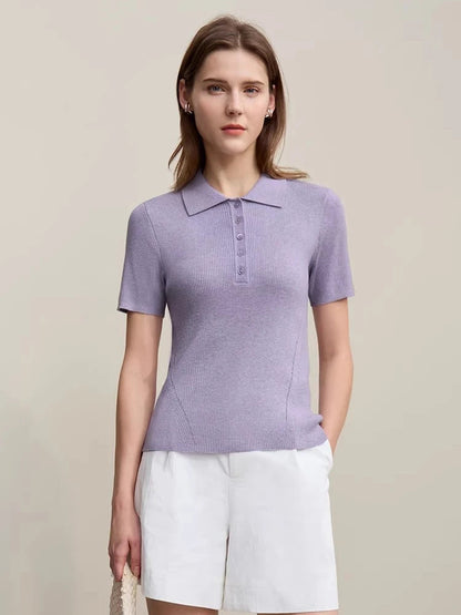 Amii Women's Sweater 2026 Spring New POLO Collar Half‑Placket Knitted Sweater Women's Short Sleeve Pullover Knitwear 12651020 Loran