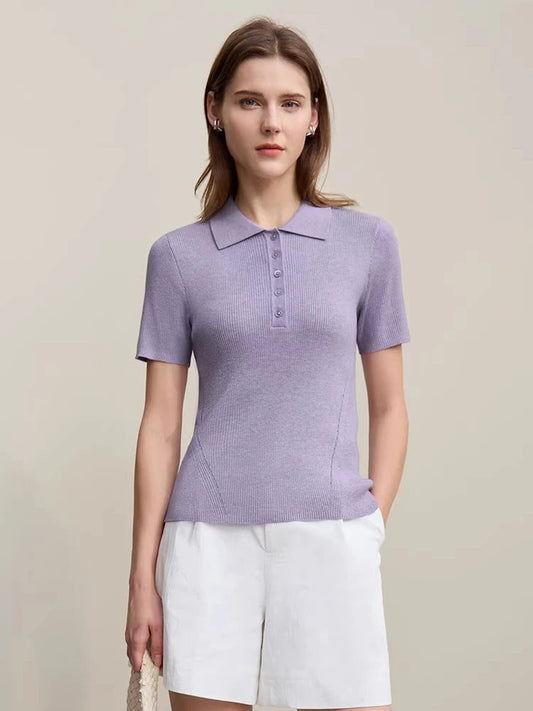 Amii Women's Sweater 2026 Spring New POLO Collar Half‑Placket Knitted Sweater Women's Short Sleeve Pullover Knitwear 12651020 Loran