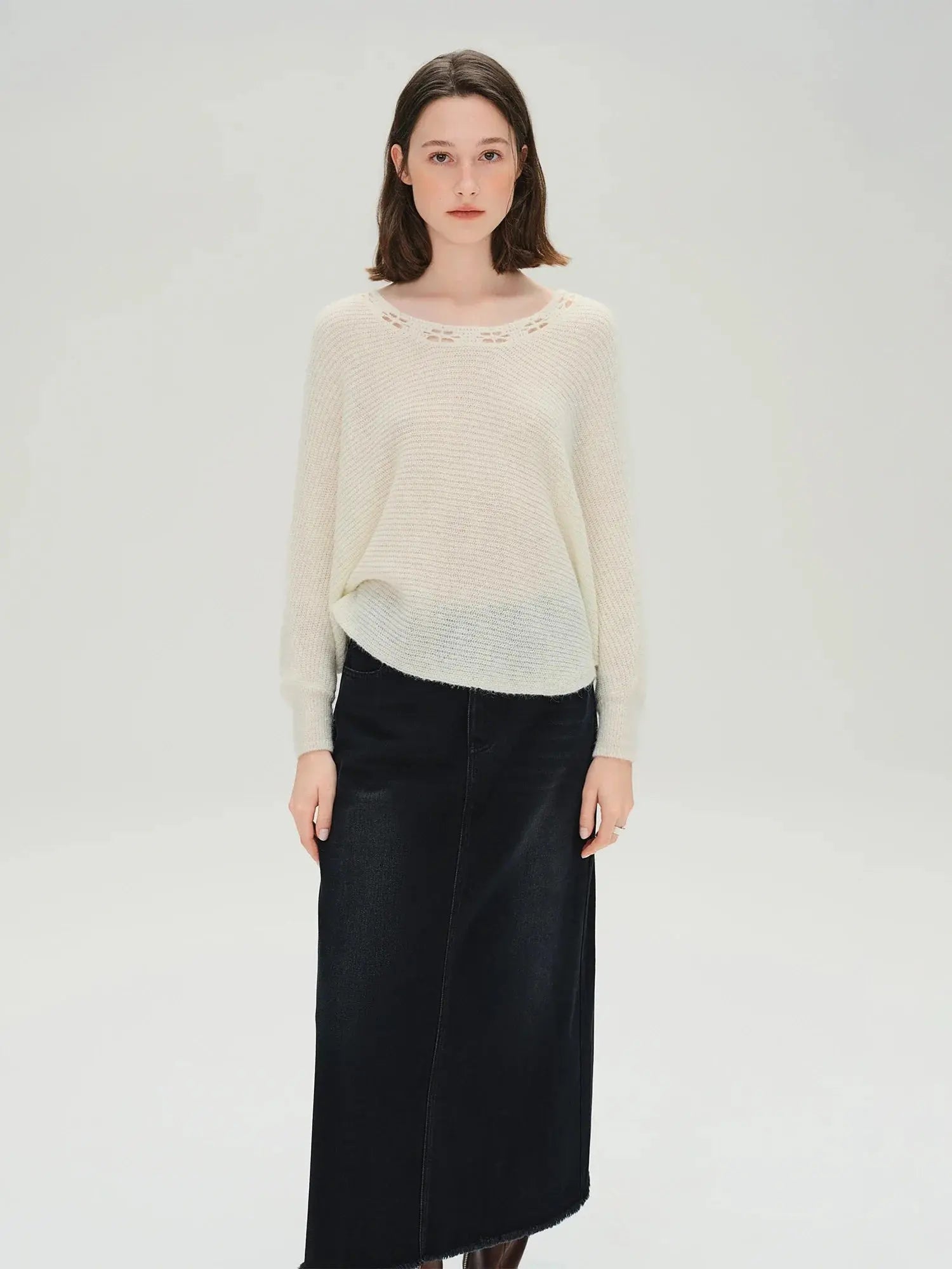 Classic Plus Size Black Denim Midi Skirt - Loran