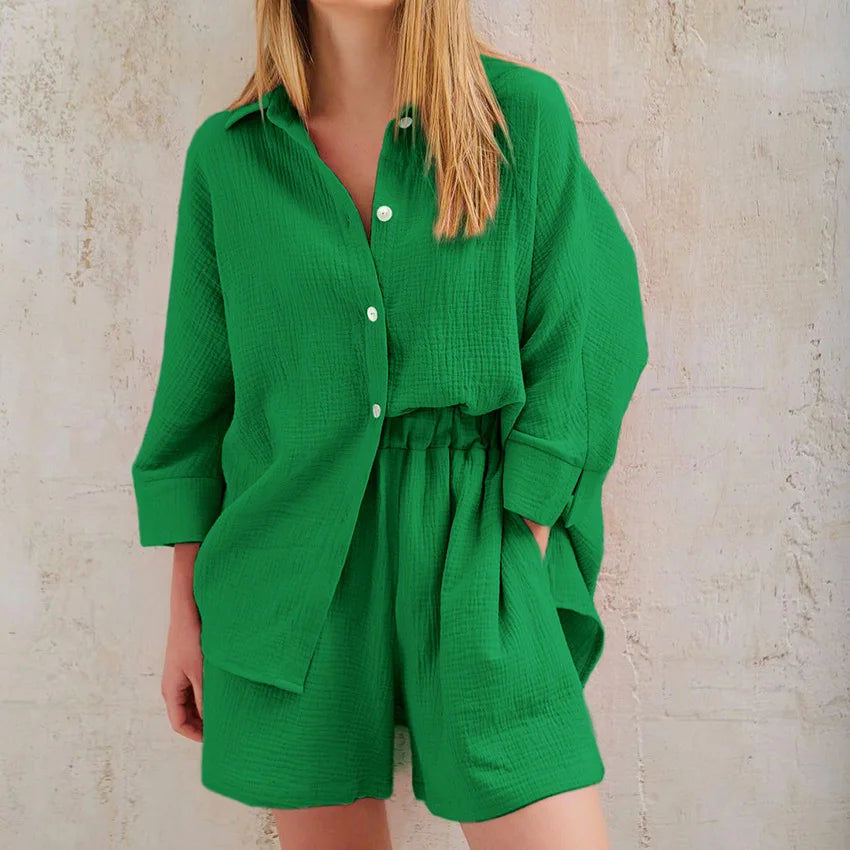 Women's Cotton Pajama Set Casual Collar Sleepwear Suit Loran