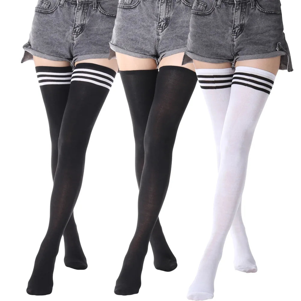 Black & White Striped Thigh High Socks for Women